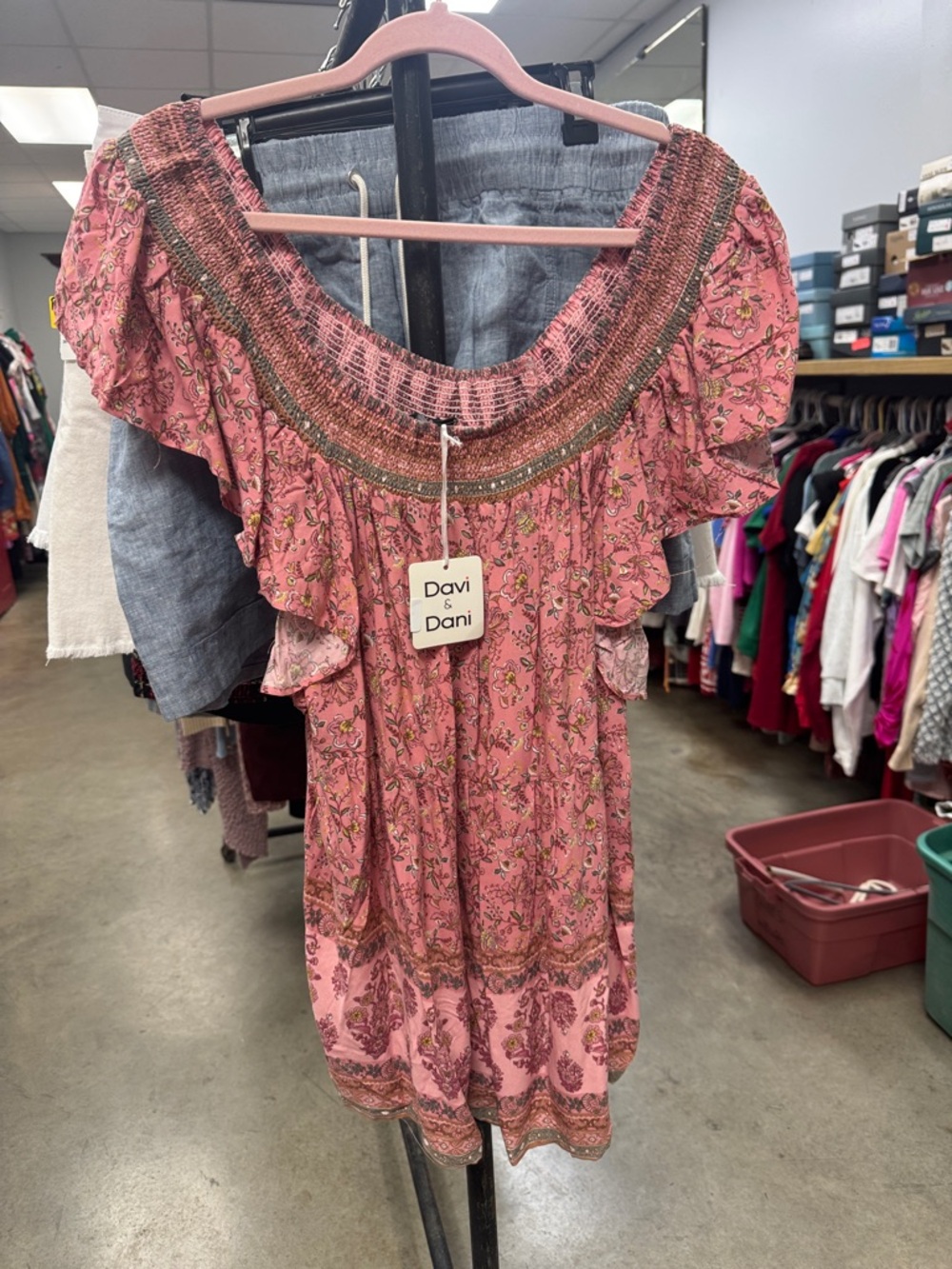 DAVI & DANI Rose Pink Floral Ruffle Boho Dress